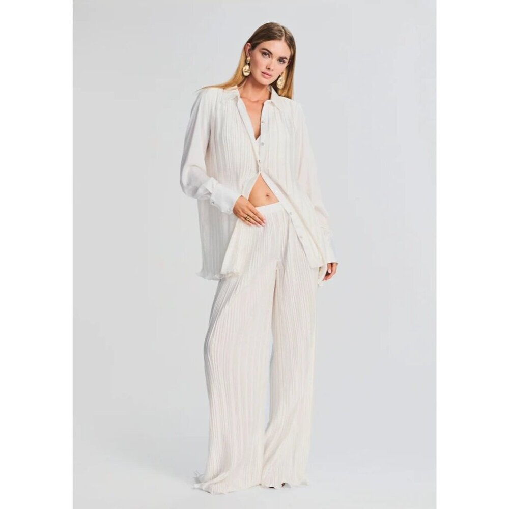Rococo Sand Size XS Bree Pant Pleated Wide Leg White Stretch Retrofete Bridal
